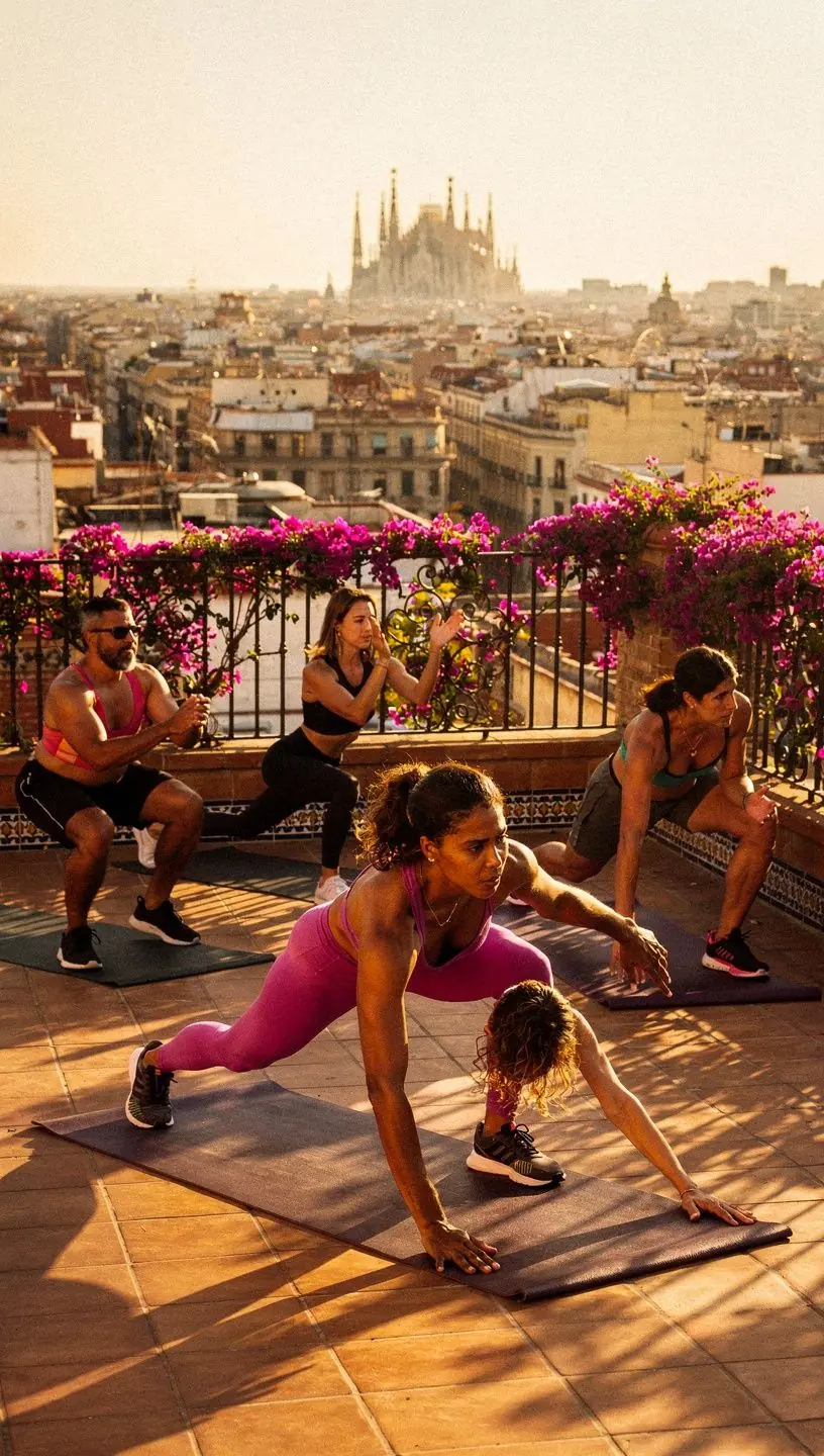Grupo de personas practicando yoga al aire libre con música energizante.