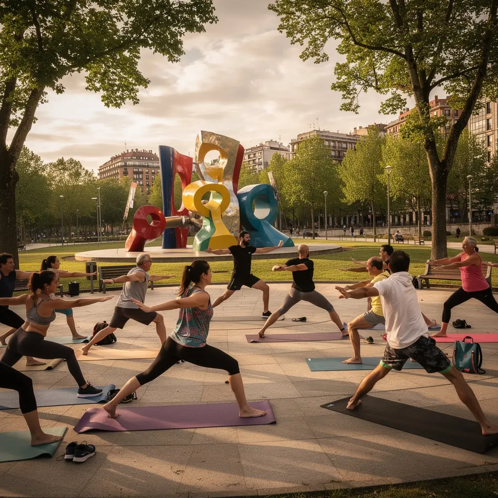 Un grupo de personas practicando yoga al aire libre, alternando ejercicios aeróbicos con asanas fluidas.