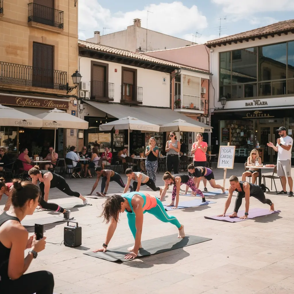 Una mujer en una clase de yoga, levantando los brazos mientras aumenta su ritmo cardíaco con música energética.