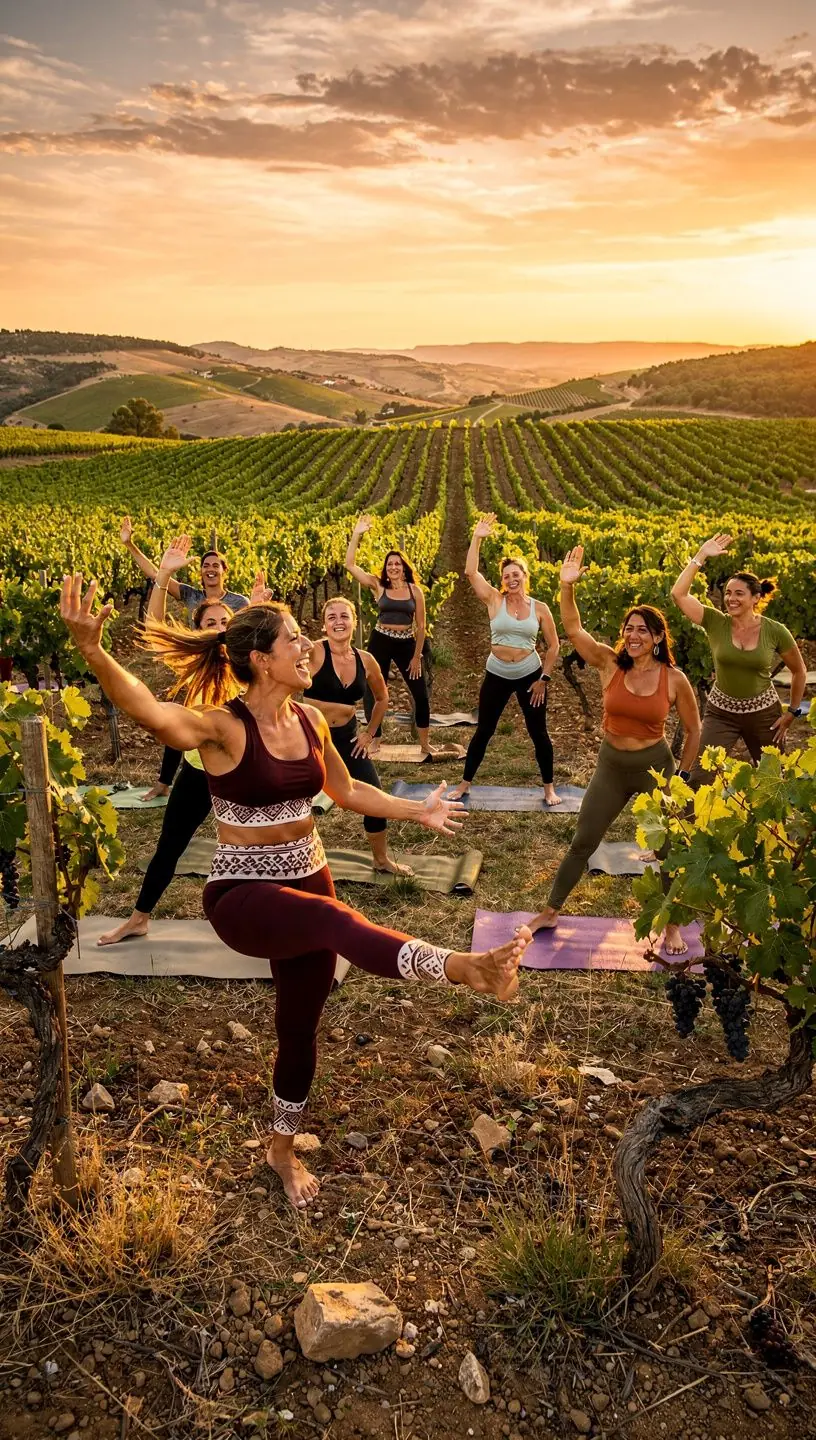 Un grupo de personas practicando yoga al aire libre, alternando ejercicios aeróbicos con asanas fluidas.
