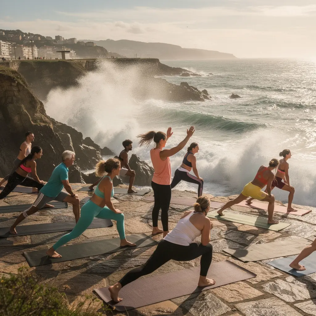 Un grupo de personas practicando yoga al aire libre, alternando ejercicios aeróbicos con asanas fluidas.