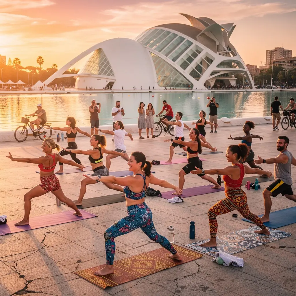 Un grupo de personas practicando yoga al aire libre, alternando ejercicios aeróbicos con asanas fluidas.