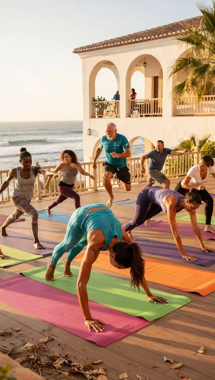 Una persona realizando una postura de yoga en un parque, combinando respiración profunda con movimiento dinámico.