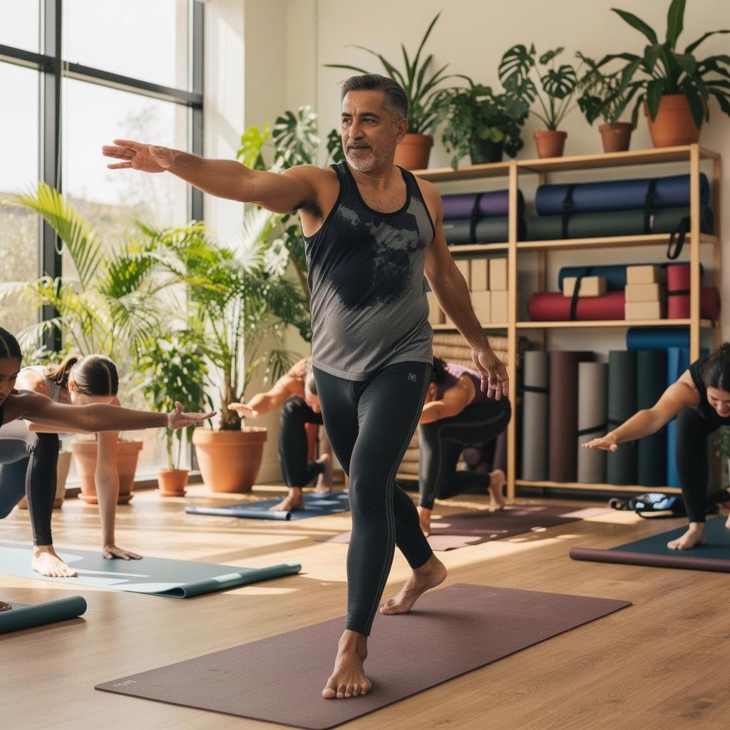 Vista de un estudio de yoga con participantes en plena sesión de cardio.